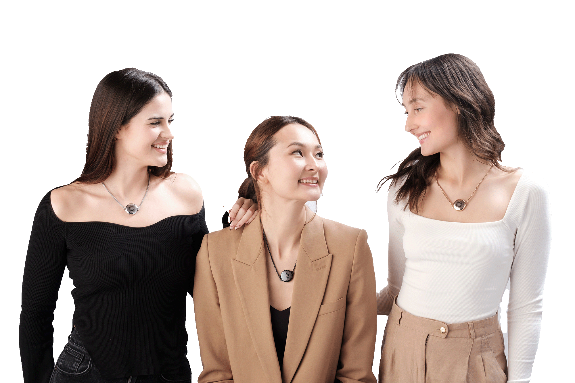Three women wearing ResQ smart safety necklaces with live location tracking.
