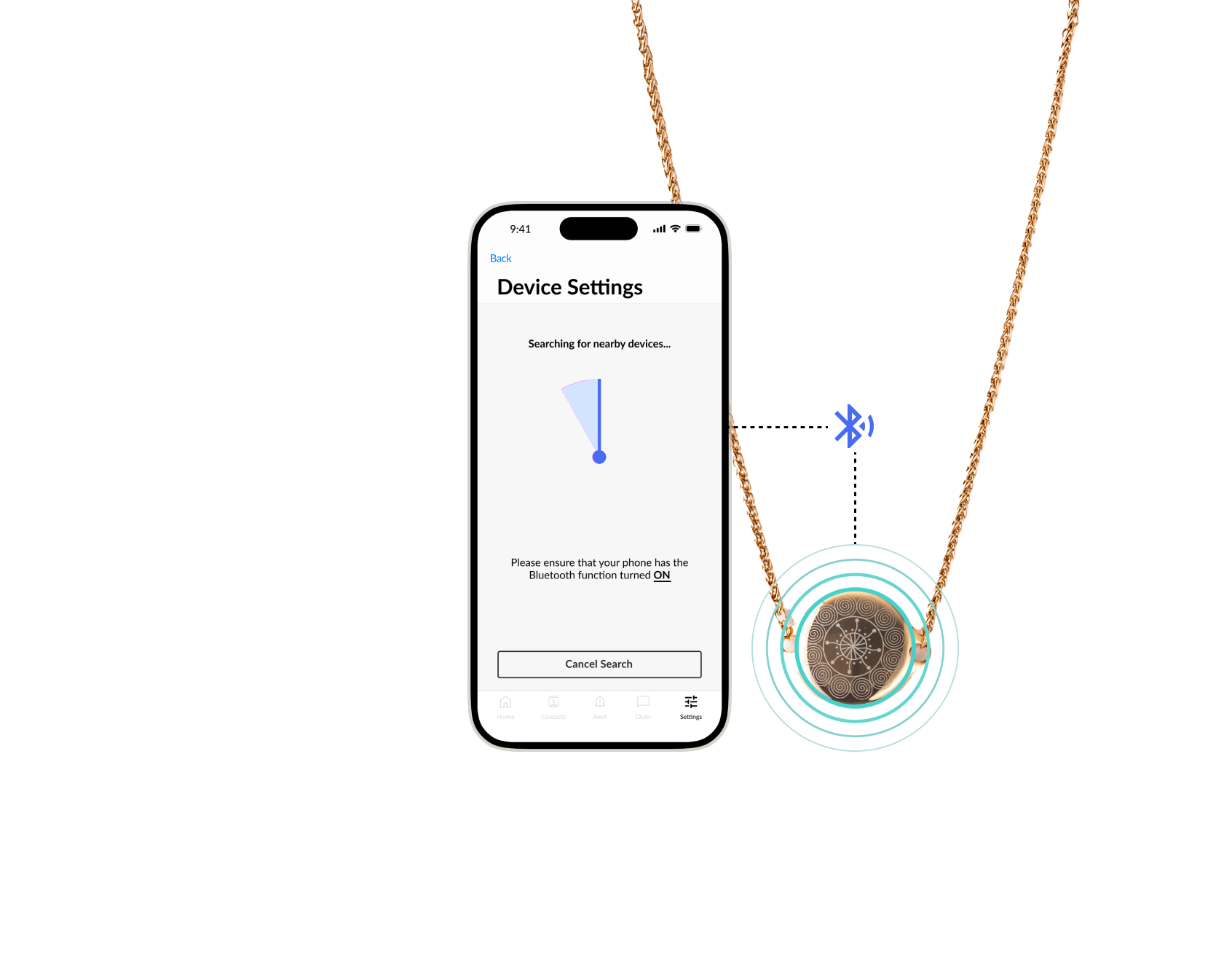 Pairing smart safety jewelry with the ResQ app via Bluetooth on a smartphone.