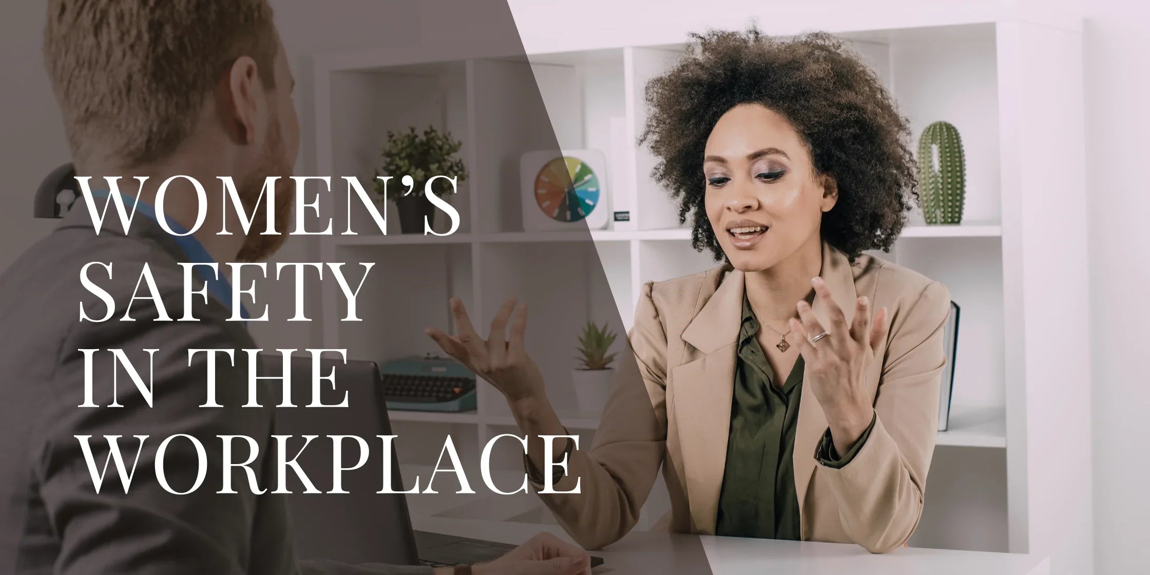 Woman speaking during a meeting in an office setting with overlaid text that reads Women’s Safety in the Workplace.