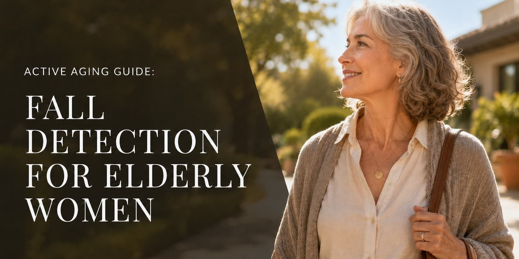 Confident older woman wearing an elegant fall detection safety necklace