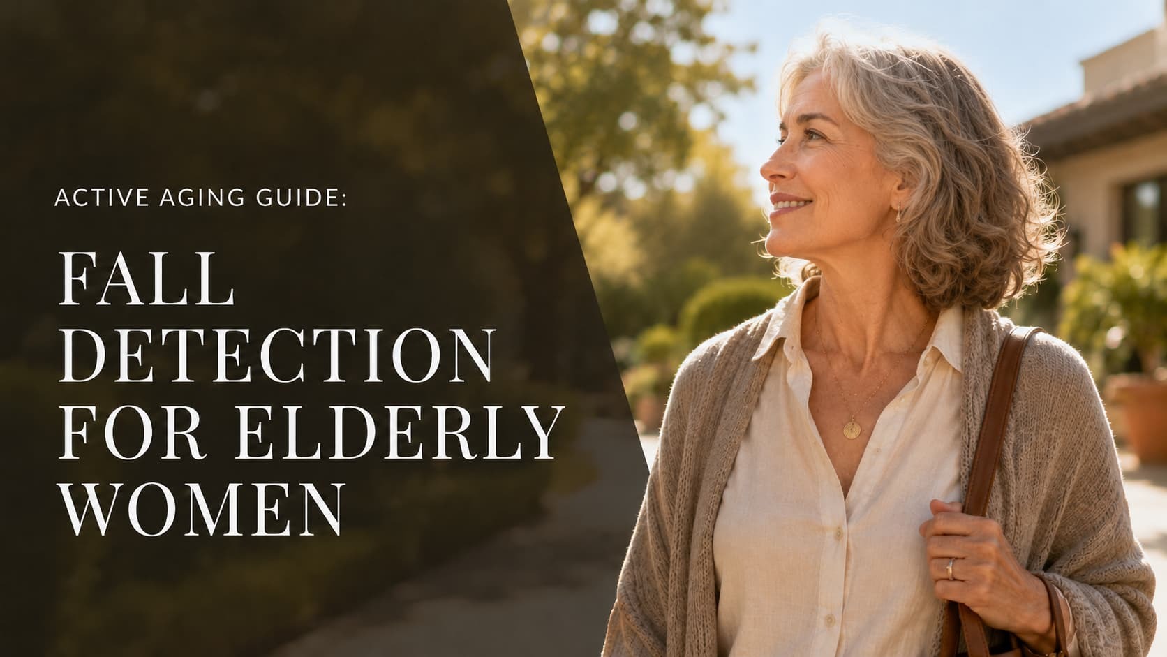 Confident older woman wearing an elegant fall detection safety necklace