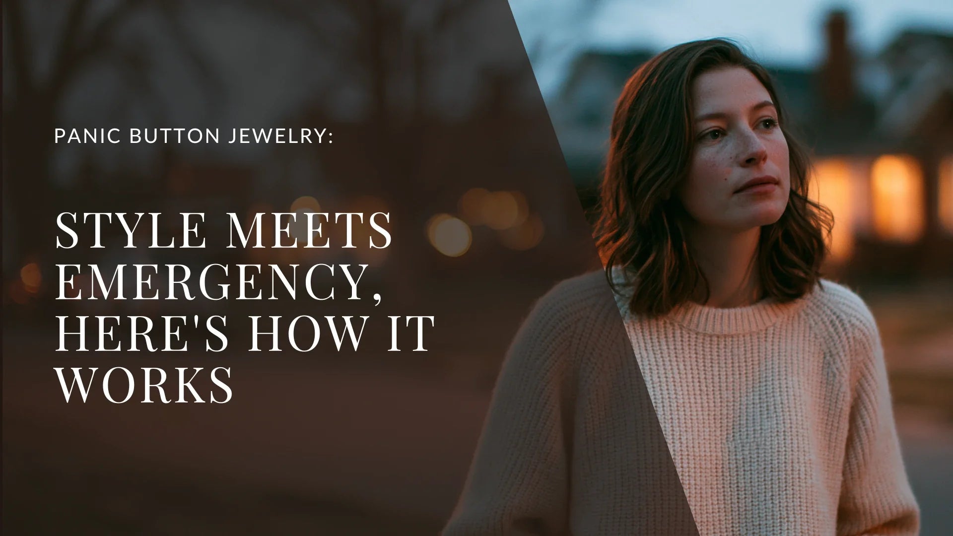 Woman wearing a discreet rose gold panic button jewelry pendant at her collarbone