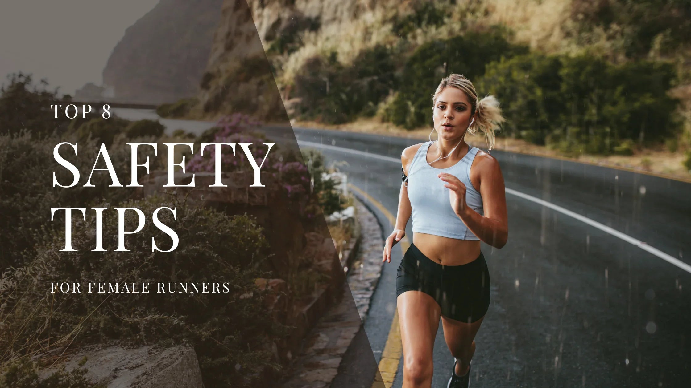 A woman runs along a winding road in rainy weather, wearing athletic gear and earphones, with mountains and greenery in the background.