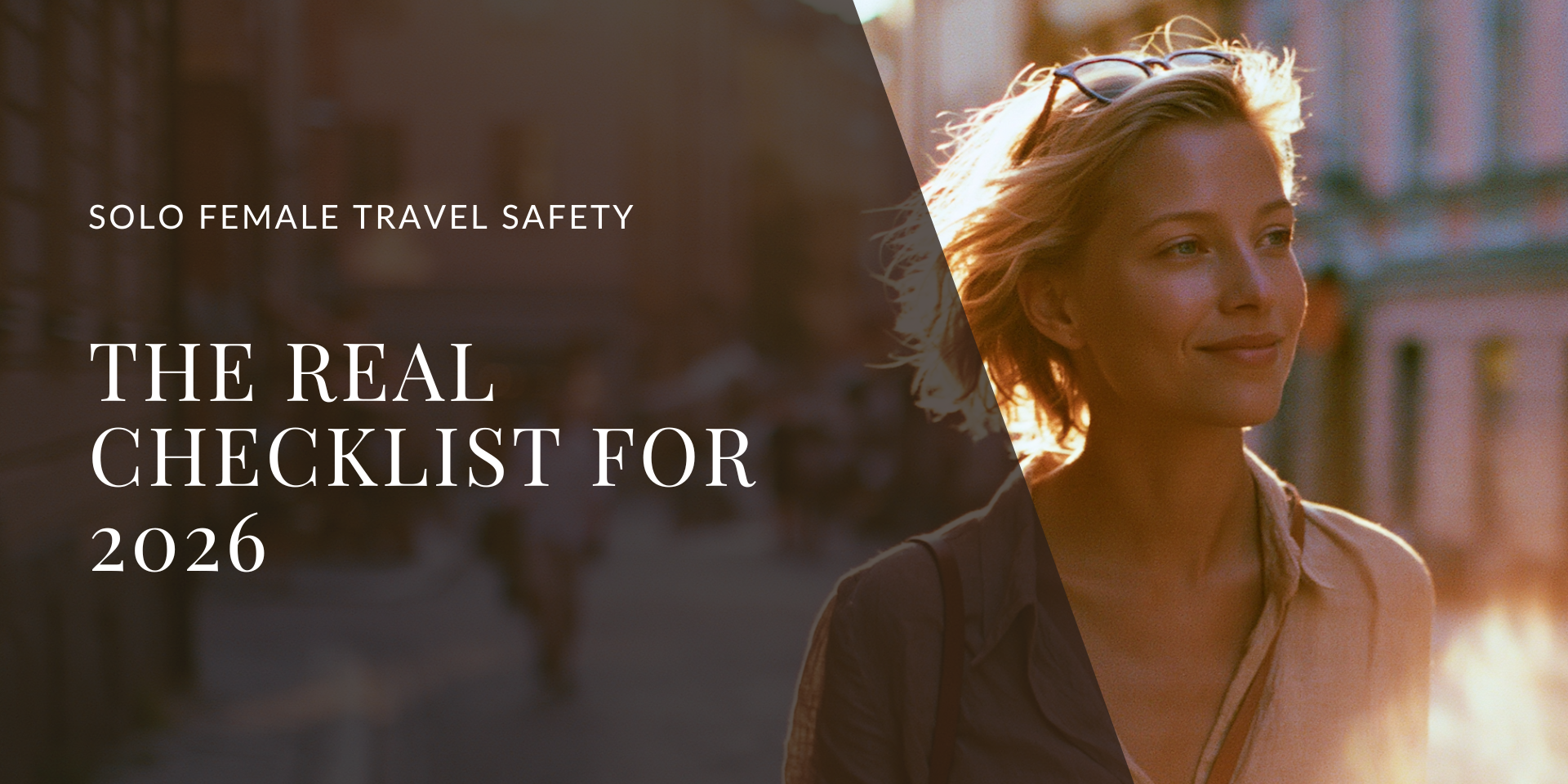 Solo female traveler walking confidently through a European old town in golden hour light