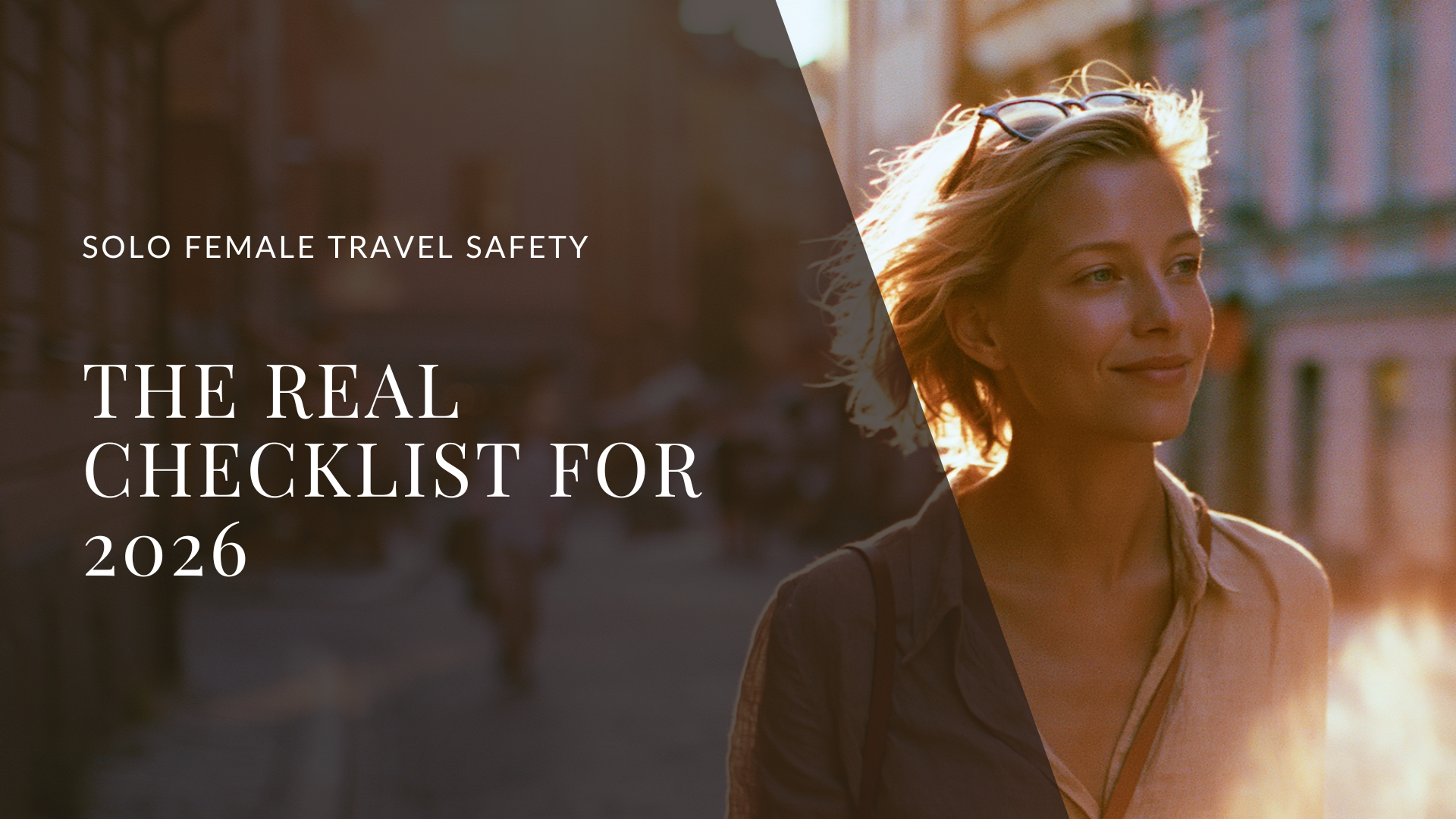 Solo female traveler walking confidently through a European old town in golden hour light