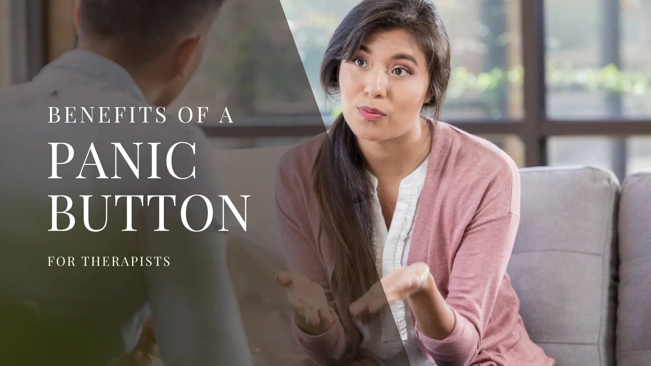 A therapist sits on a couch speaking with a client, using expressive hand gestures during a conversation in a bright, comfortable office.