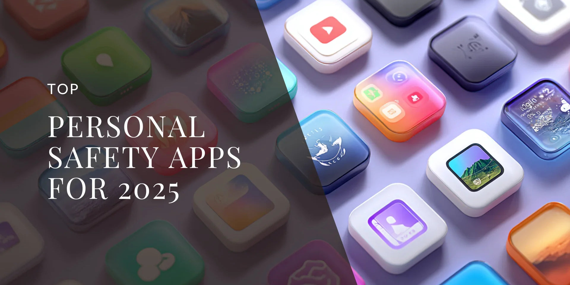 Colorful grid of modern app icons displayed on a digital surface, representing mobile personal safety and emergency apps, with overlaid text reading Top Personal Safety Apps for 2025.