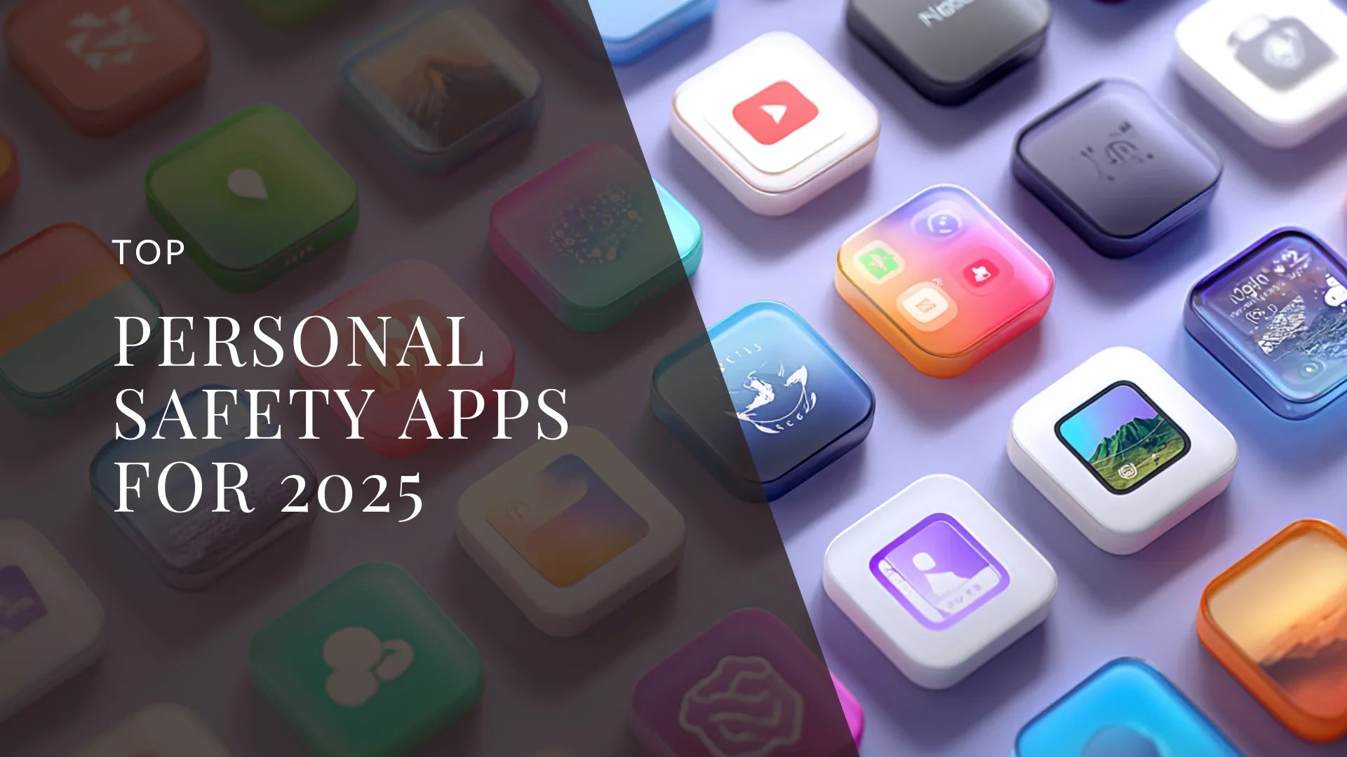 Colorful grid of modern app icons displayed on a digital surface, representing mobile personal safety and emergency apps, with overlaid text reading Top Personal Safety Apps for 2025.