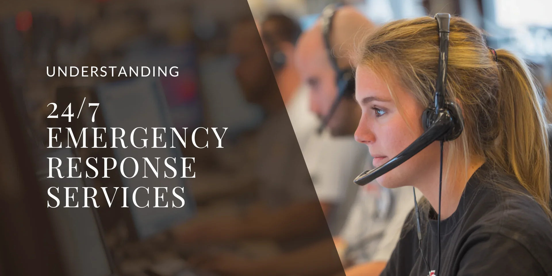 Emergency response call center operators wearing headsets and working at computer stations, representing 24/7 emergency response services and real time monitoring support.