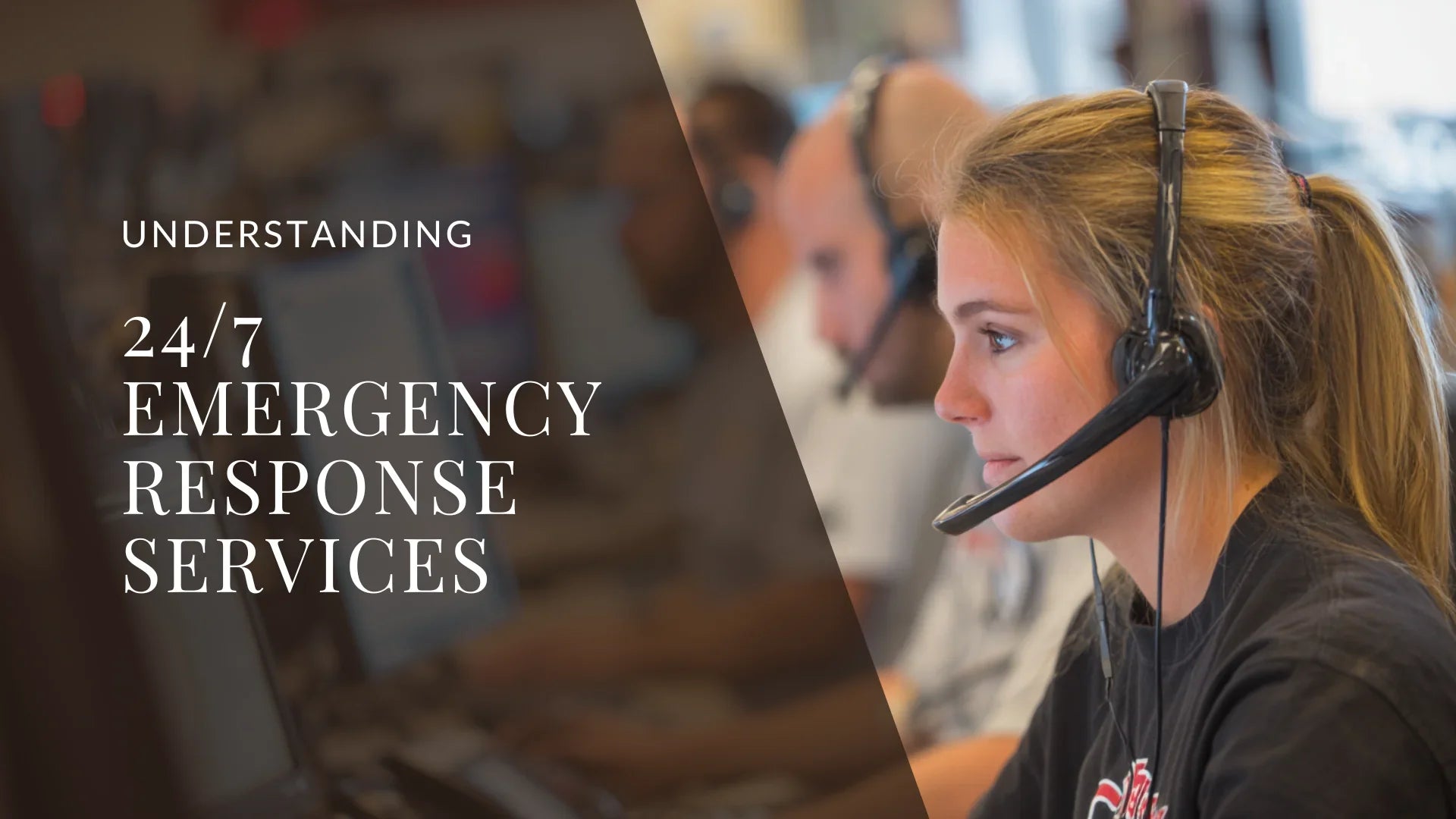 Emergency response call center operators wearing headsets and working at computer stations, representing 24/7 emergency response services and real time monitoring support.