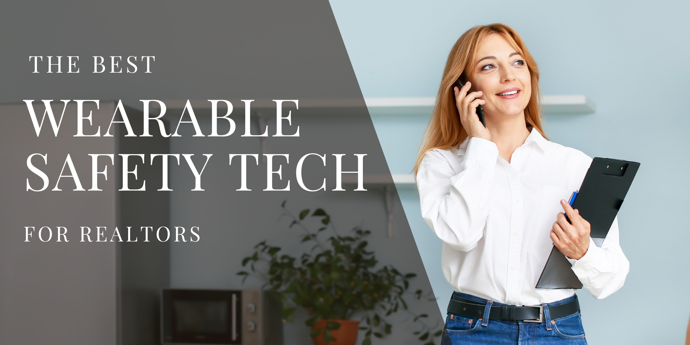Female realtor using her phone while holding a clipboard, promoting wearable safety technology for realtors in a modern home setting.