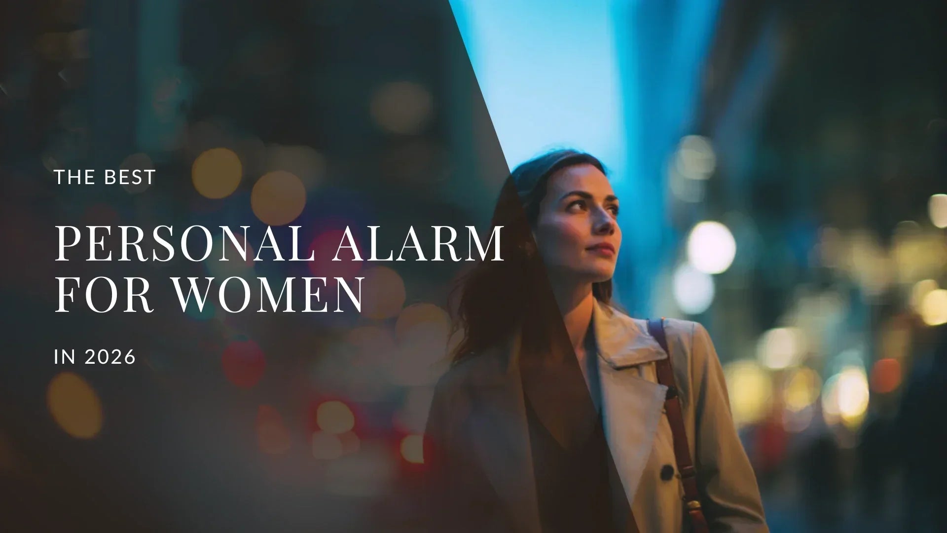 A confident woman walking alone through a modern, vibrant city at blue hour, surrounded by soft glowing city lights and a blurred urban background, evoking a sense of safety and independence.