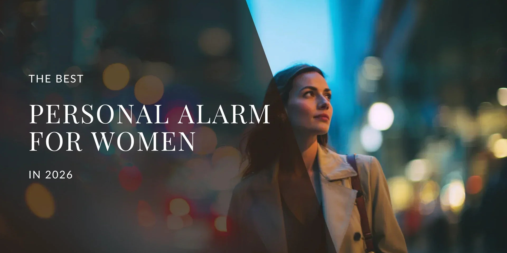 A confident woman walking alone through a modern, vibrant city at blue hour, surrounded by soft glowing city lights and a blurred urban background, evoking a sense of safety and independence.