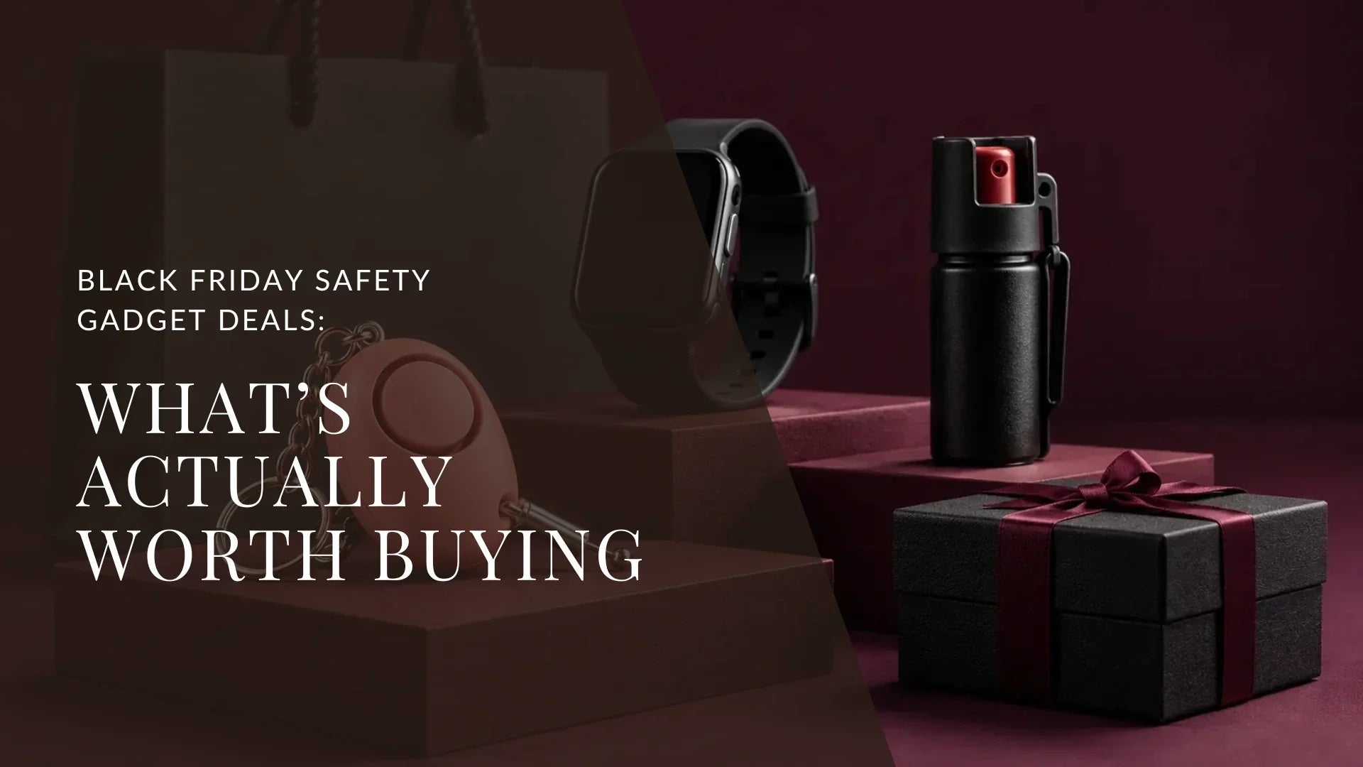 Personal alarm, smartwatch and compact safety spray displayed beside a gift box and shopping bag for Black Friday shopping.