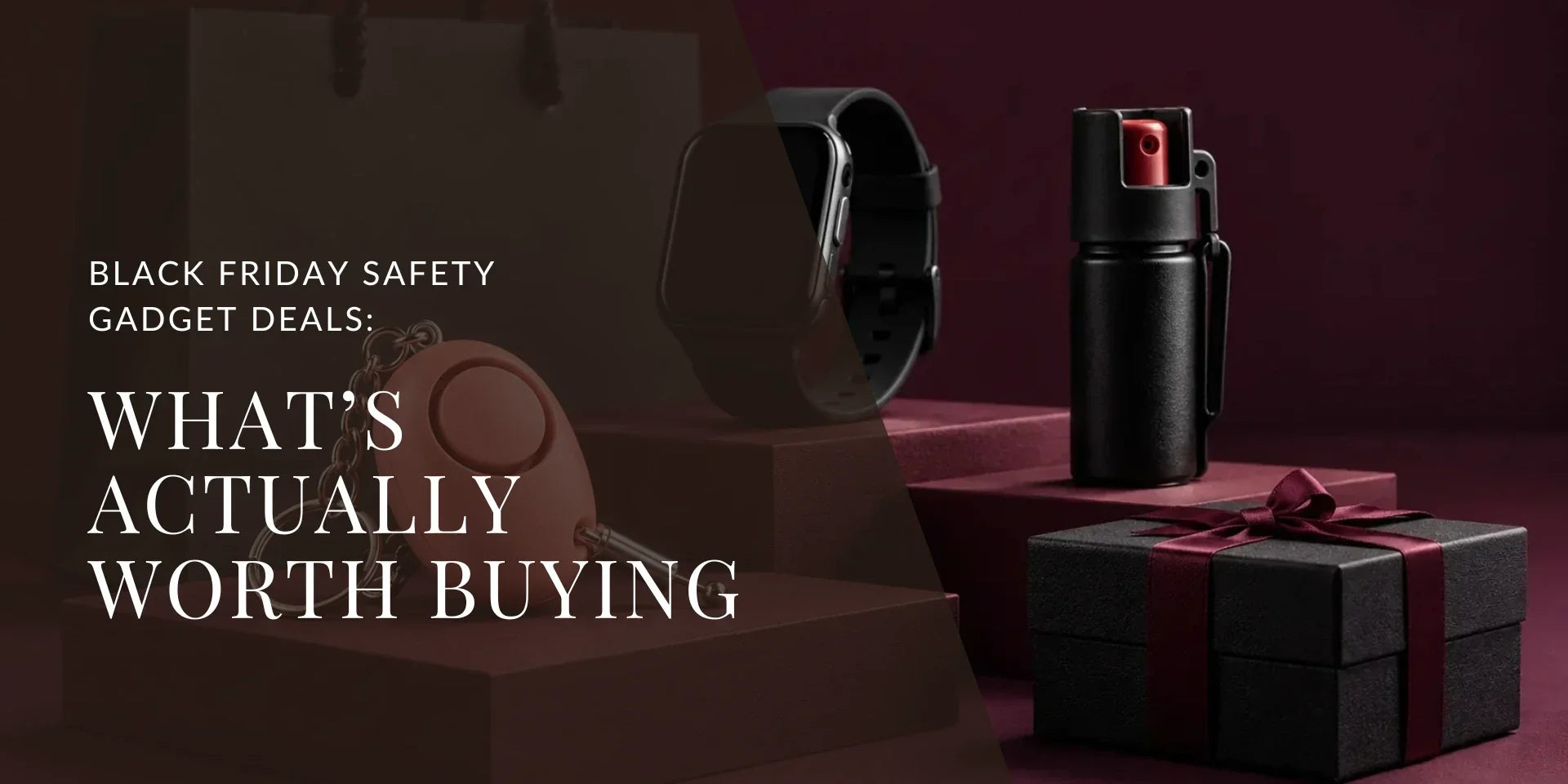 Personal alarm, smartwatch and compact safety spray displayed beside a gift box and shopping bag for Black Friday shopping.
