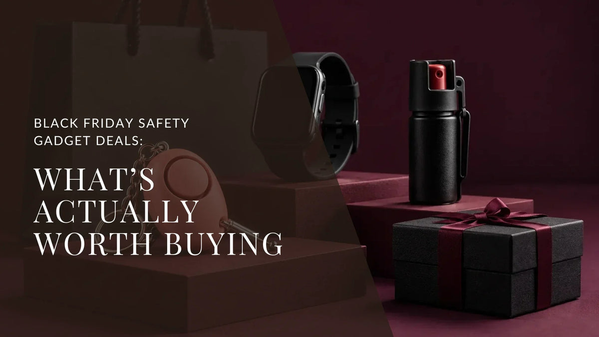 Personal alarm, smartwatch and compact safety spray displayed beside a gift box and shopping bag for Black Friday shopping.
