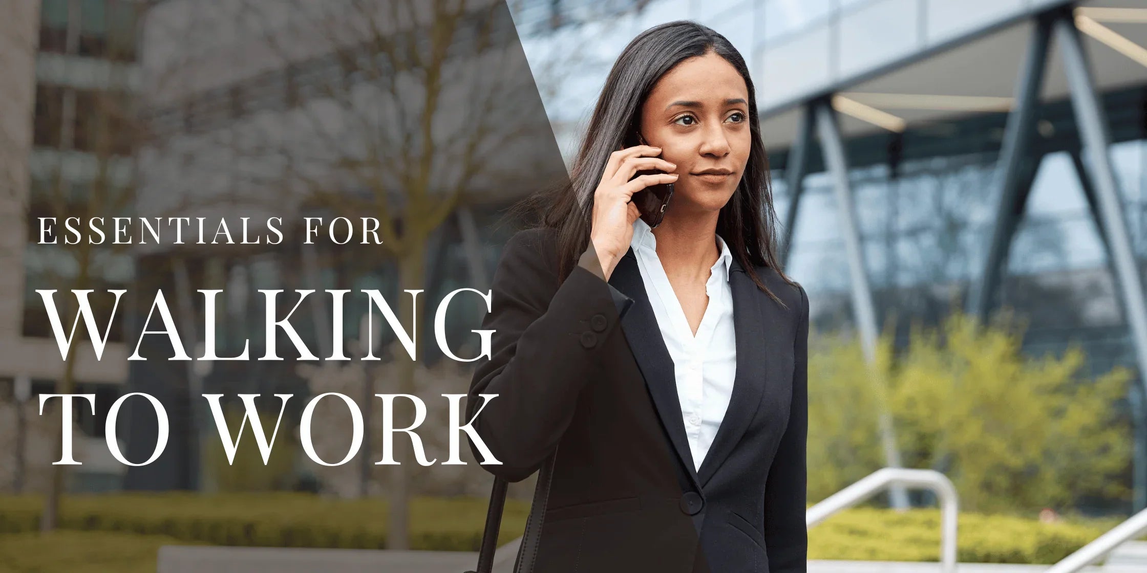 Professional woman walking outdoors while talking on her phone near an office building, representing essentials and safety considerations for walking to work.