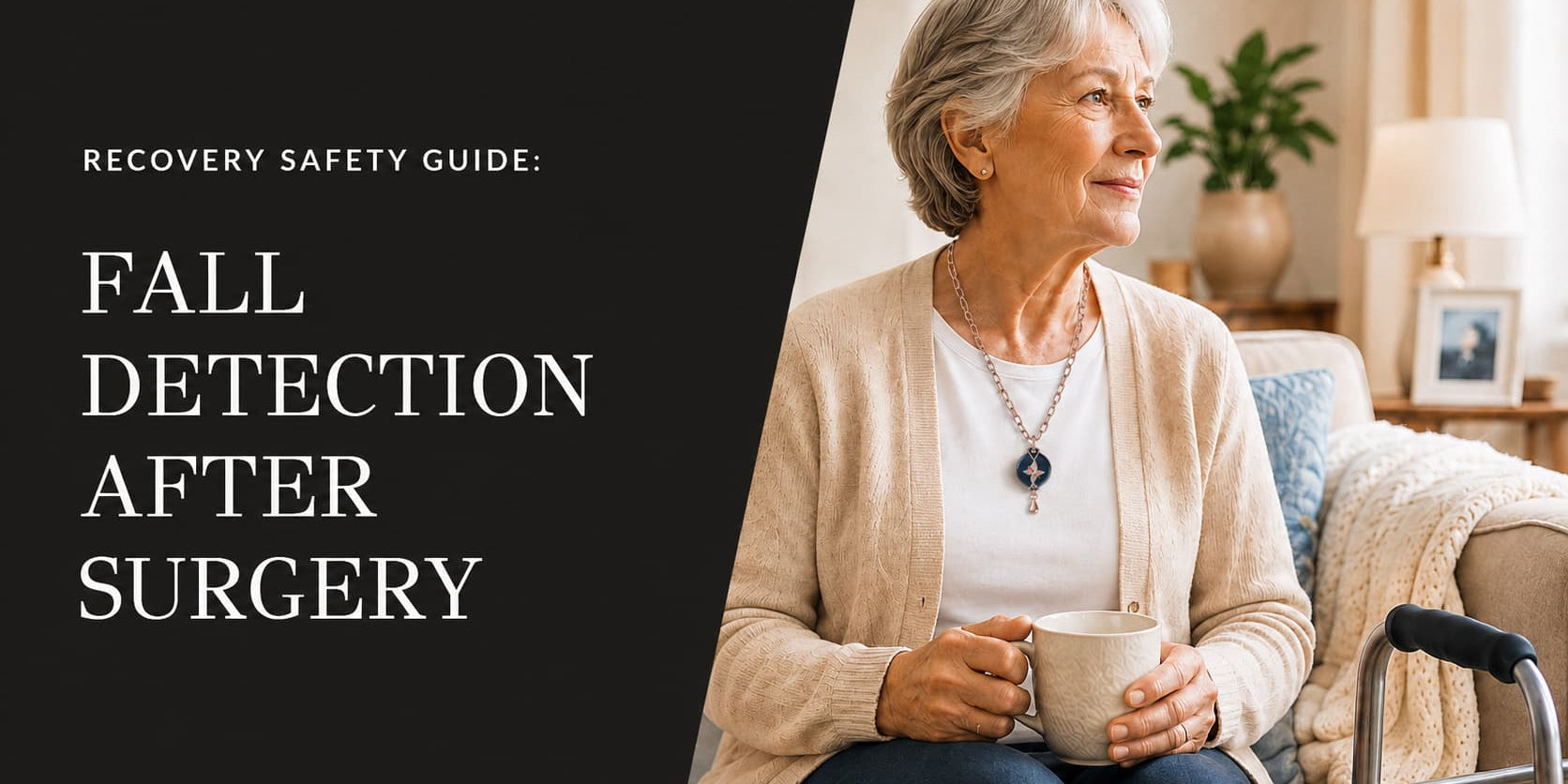 Older woman recovering at home wearing a safety necklace beside the title “Fall Detection After Surgery