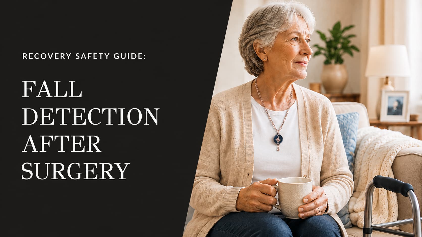 Older woman recovering at home wearing a safety necklace beside the title “Fall Detection After Surgery
