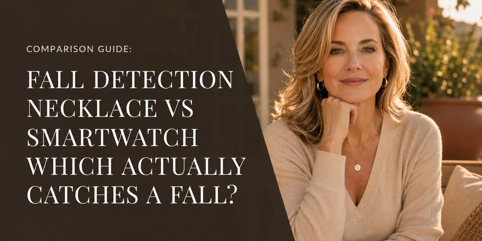 Woman beside the title “Fall Detection Necklace vs Smartwatch: Which Actually Catches a Fall?”