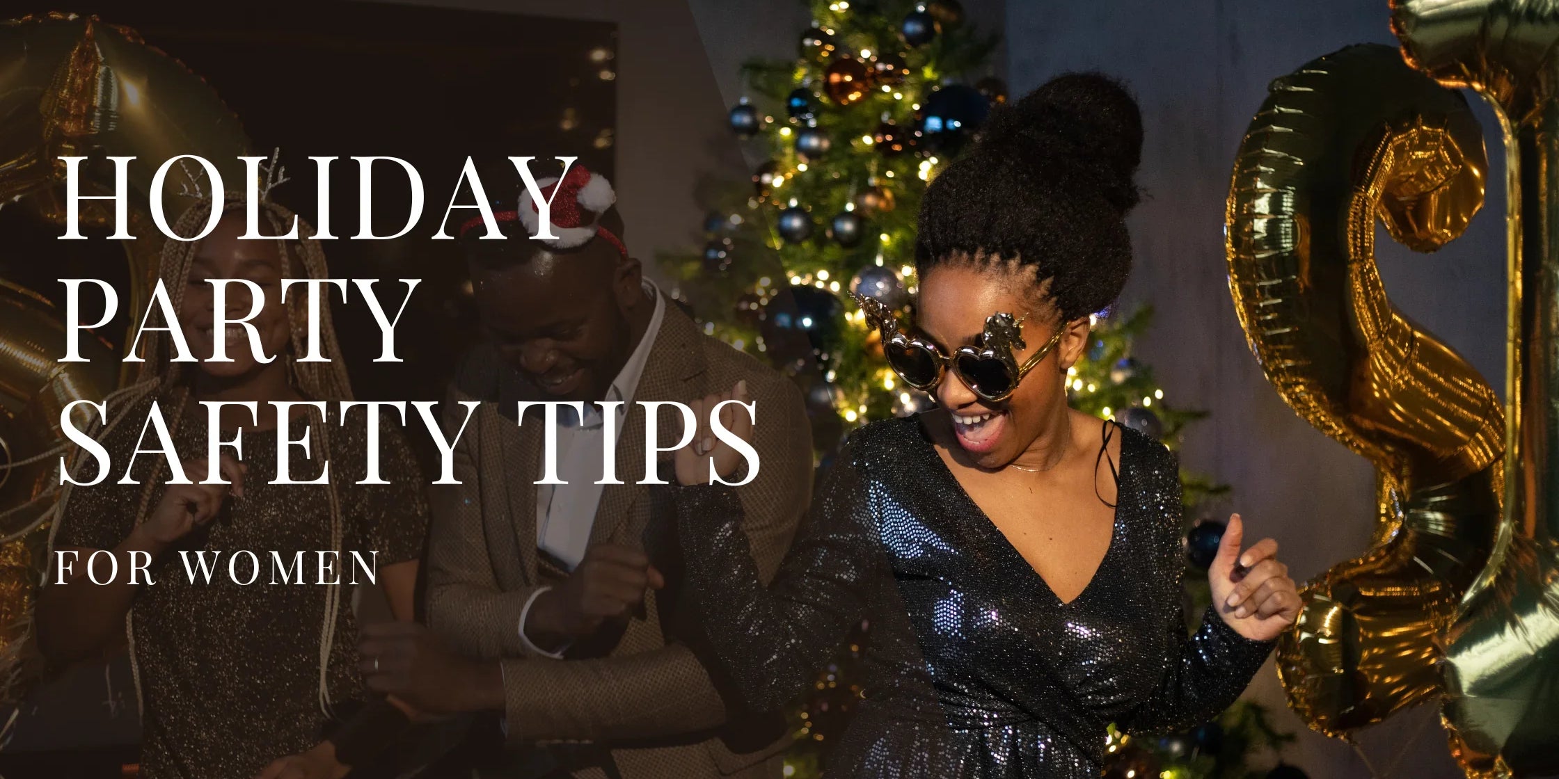 A woman in festive black sequins dances joyfully at a holiday party with friends, surrounded by Christmas decorations including a lit tree and gold balloons.