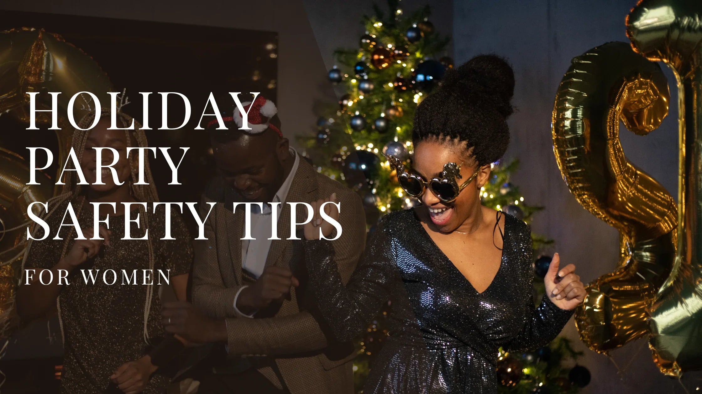 A woman in festive black sequins dances joyfully at a holiday party with friends, surrounded by Christmas decorations including a lit tree and gold balloons.