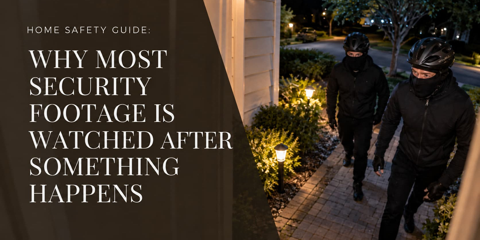 Home security scene showing two masked intruders approaching a house at night beside the title “Why Most Security Footage Is Watched After Something Happens.”