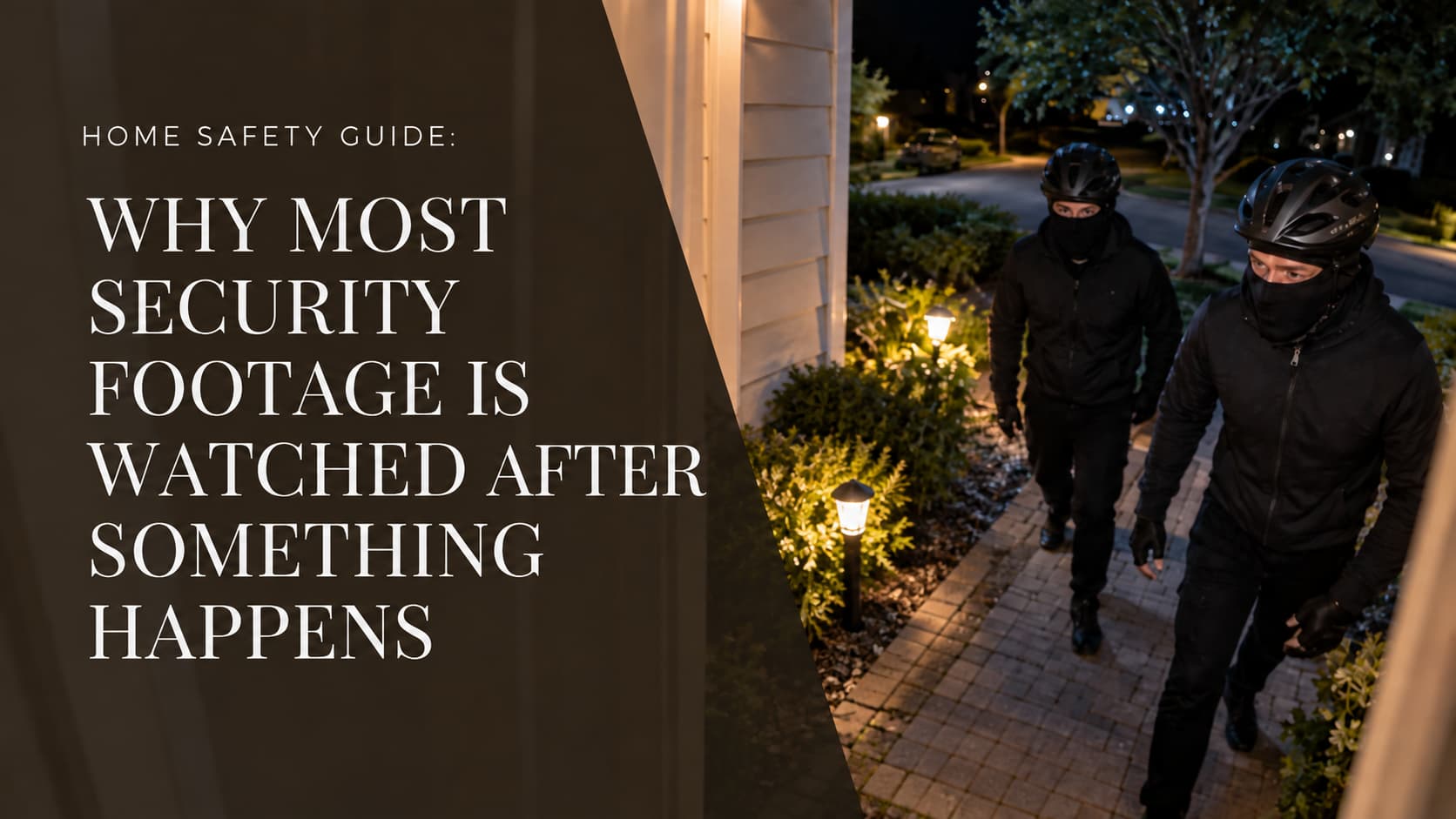 Home security scene showing two masked intruders approaching a house at night beside the title “Why Most Security Footage Is Watched After Something Happens.”