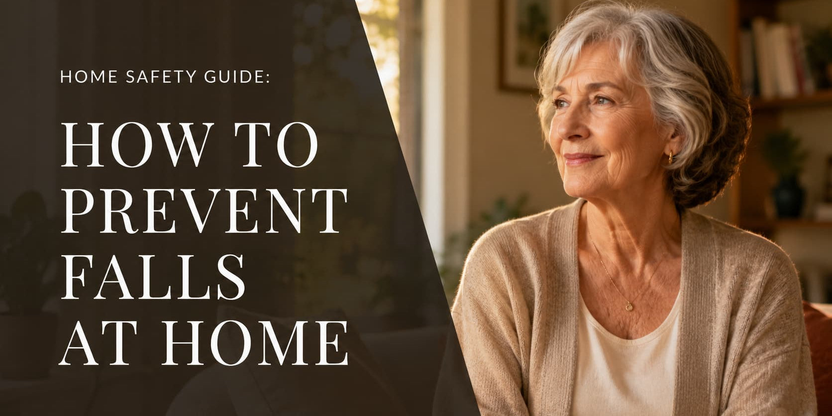 Confident older woman at home beside the headline “How to Prevent Falls at Home”