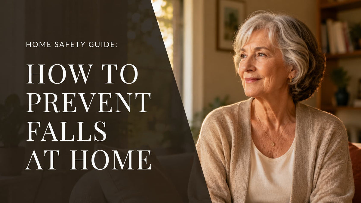 Confident older woman at home beside the headline “How to Prevent Falls at Home”
