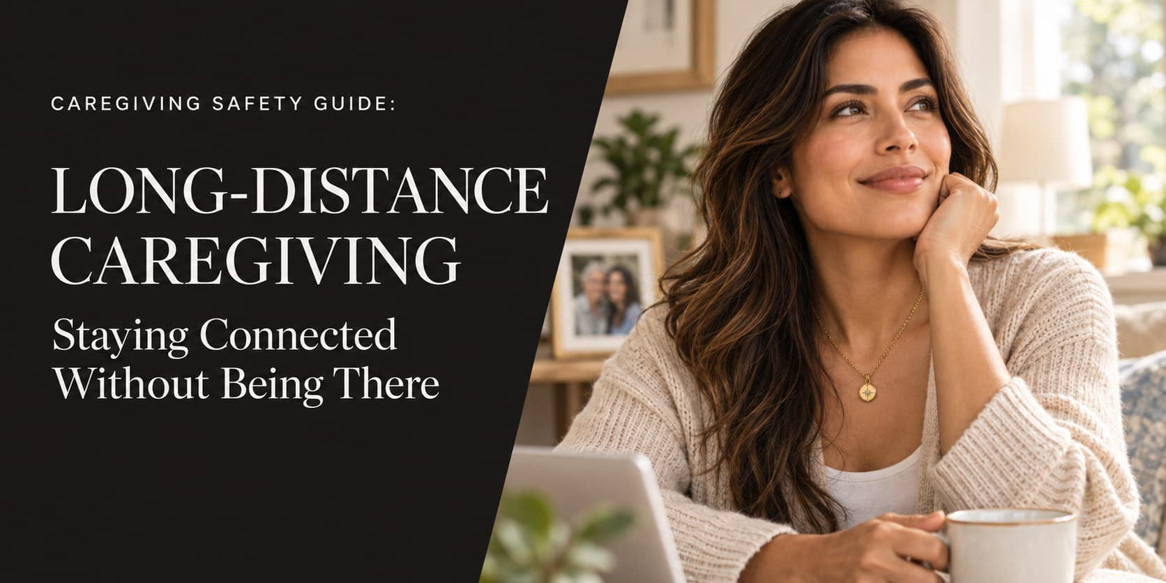 Woman in a cream sweater wearing a gold ResQ necklace, seated beside a laptop and mug, with the title “Long-Distance Caregiving: Staying Connected Without Being There.”