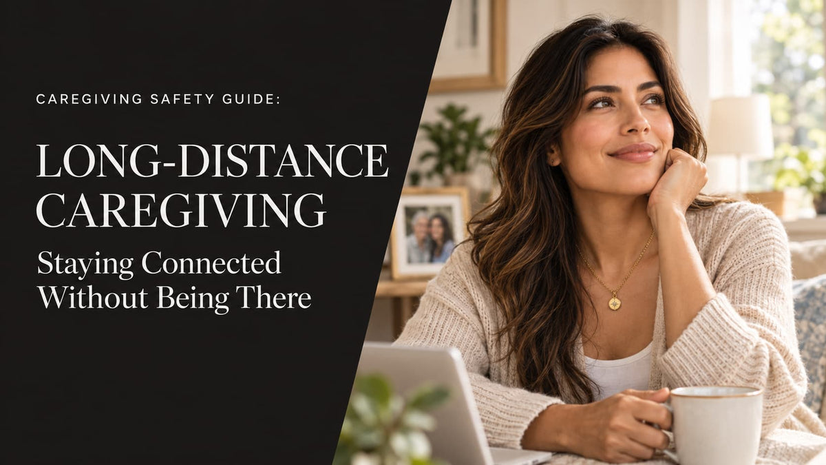 Woman in a cream sweater wearing a gold ResQ necklace, seated beside a laptop and mug, with the title “Long-Distance Caregiving: Staying Connected Without Being There.”
