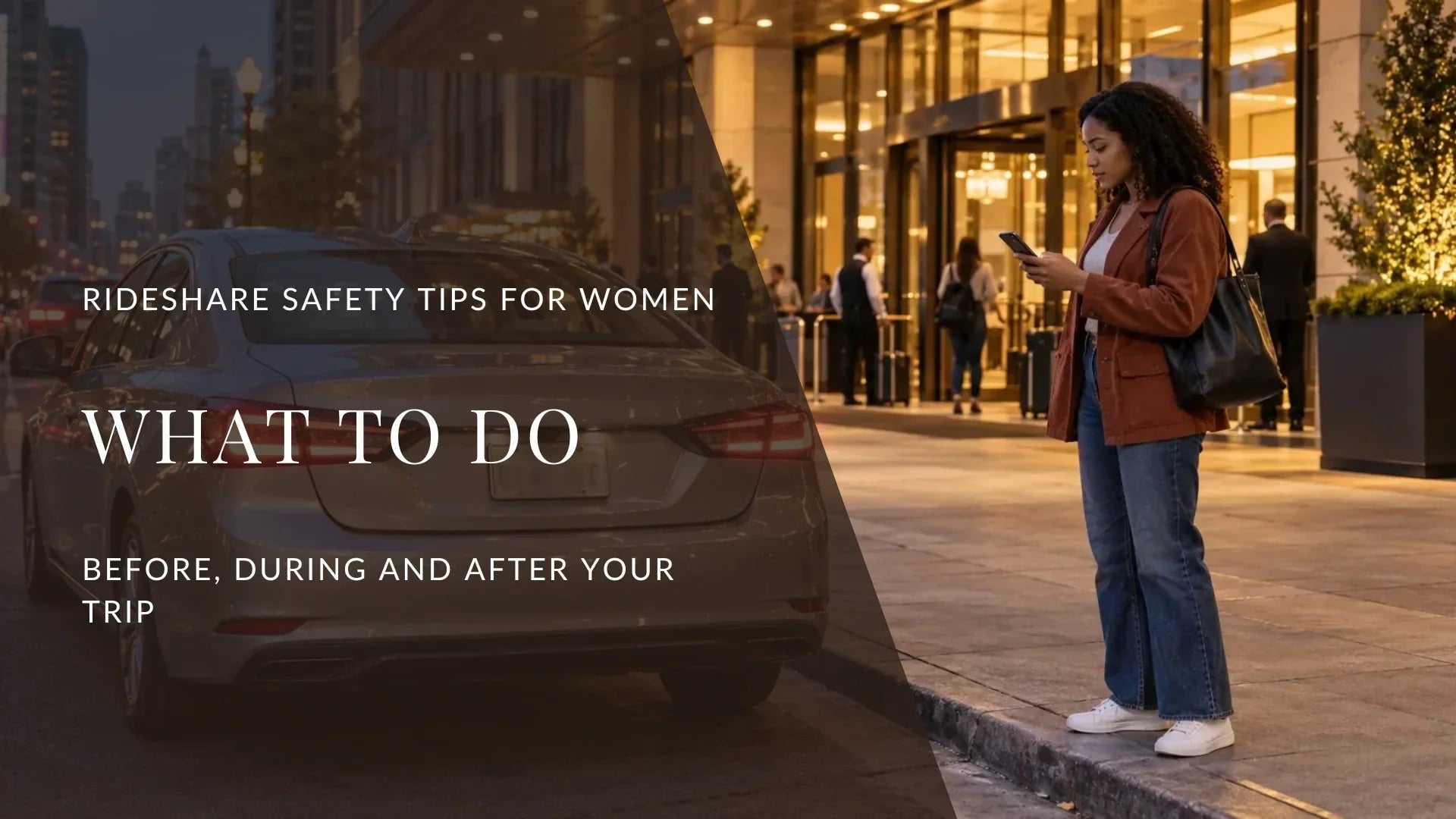 Woman checks her phone beside a parked rideshare car outside a well-lit hotel before getting in for an evening trip.
