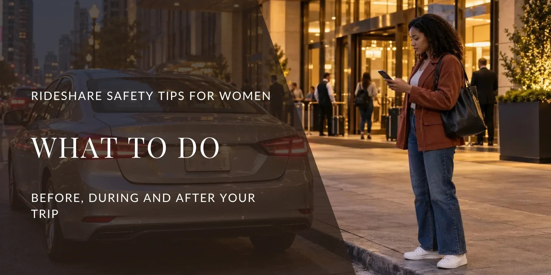Woman checks her phone beside a parked rideshare car outside a well-lit hotel before getting in for an evening trip.