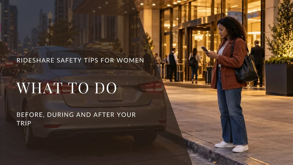 Woman checks her phone beside a parked rideshare car outside a well-lit hotel before getting in for an evening trip.