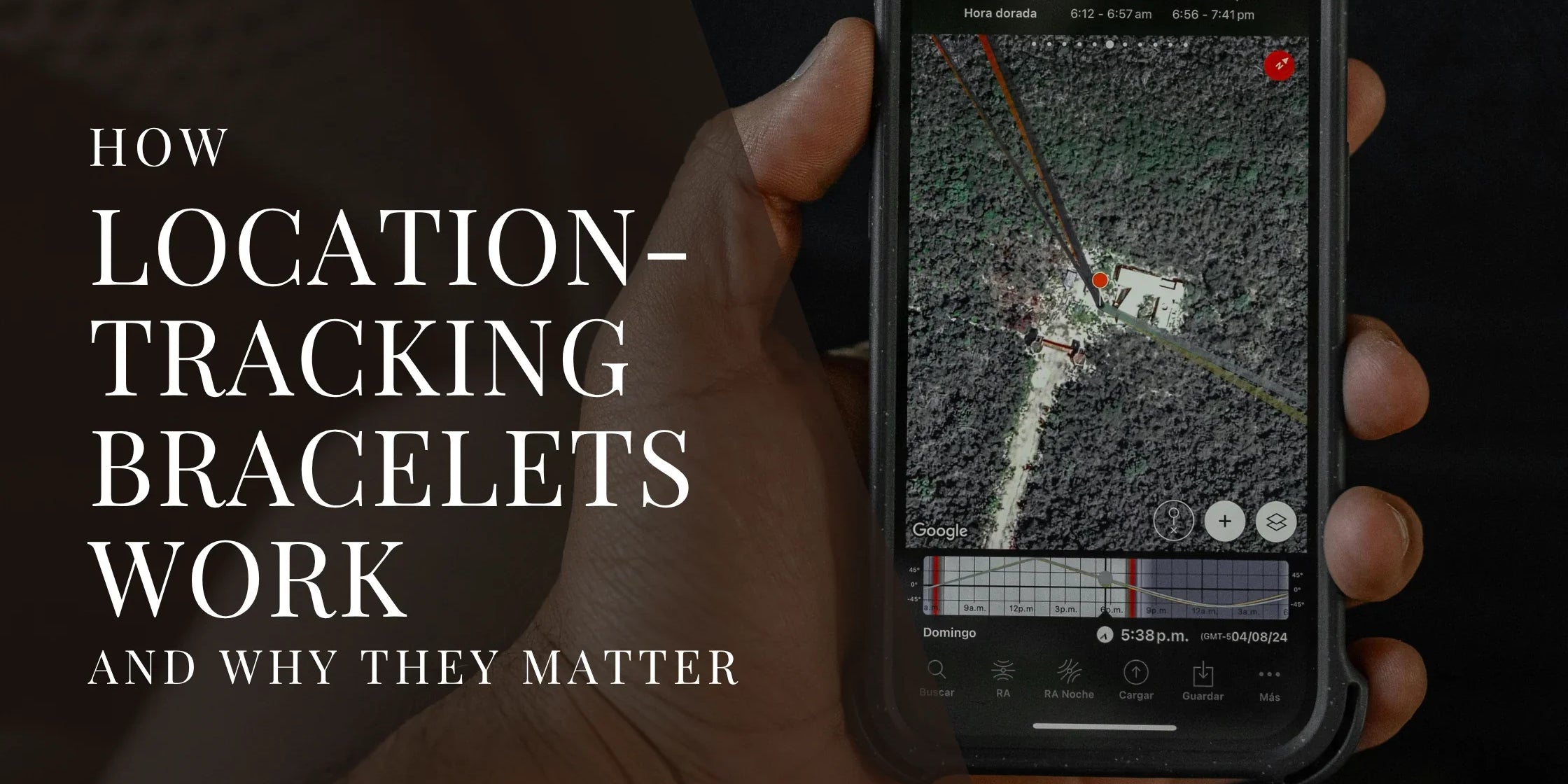 A person holds a smartphone displaying a satellite map with a marked location pin, showing how a tracking app visualizes movement and coordinates.