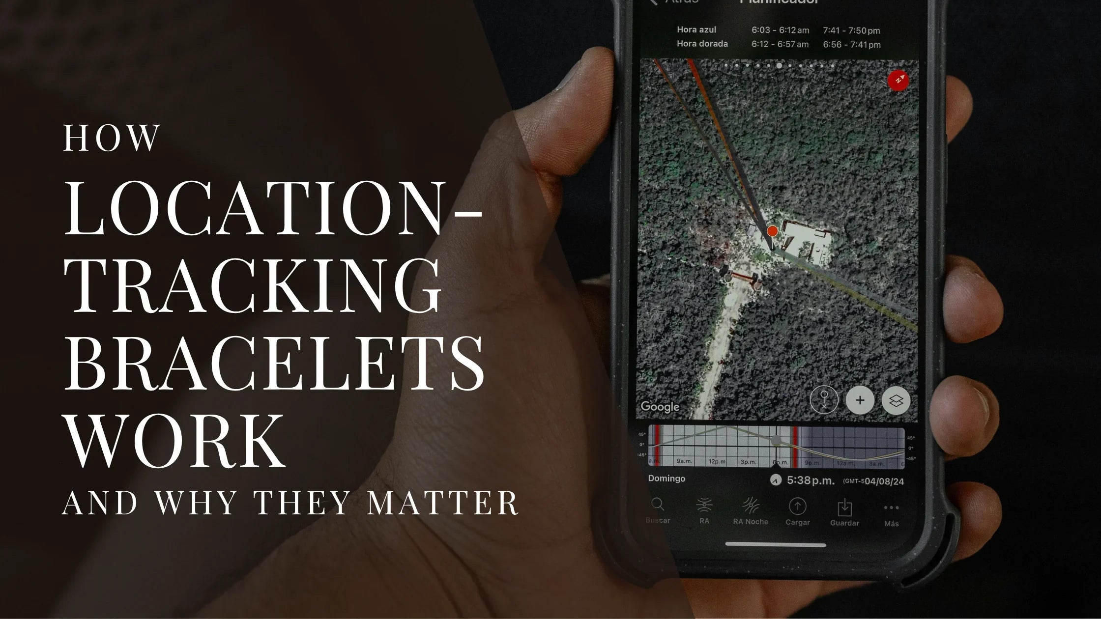 A person holds a smartphone displaying a satellite map with a marked location pin, showing how a tracking app visualizes movement and coordinates.