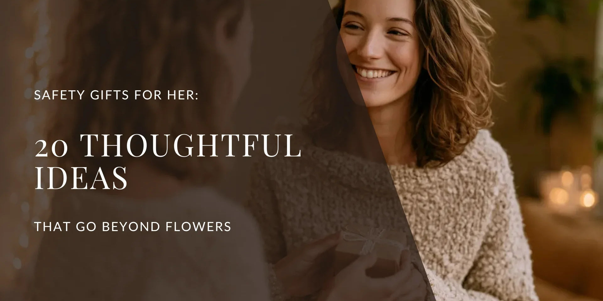 Woman handing a wrapped gift to her sister in a warm living room, representing thoughtful safety gift ideas for women