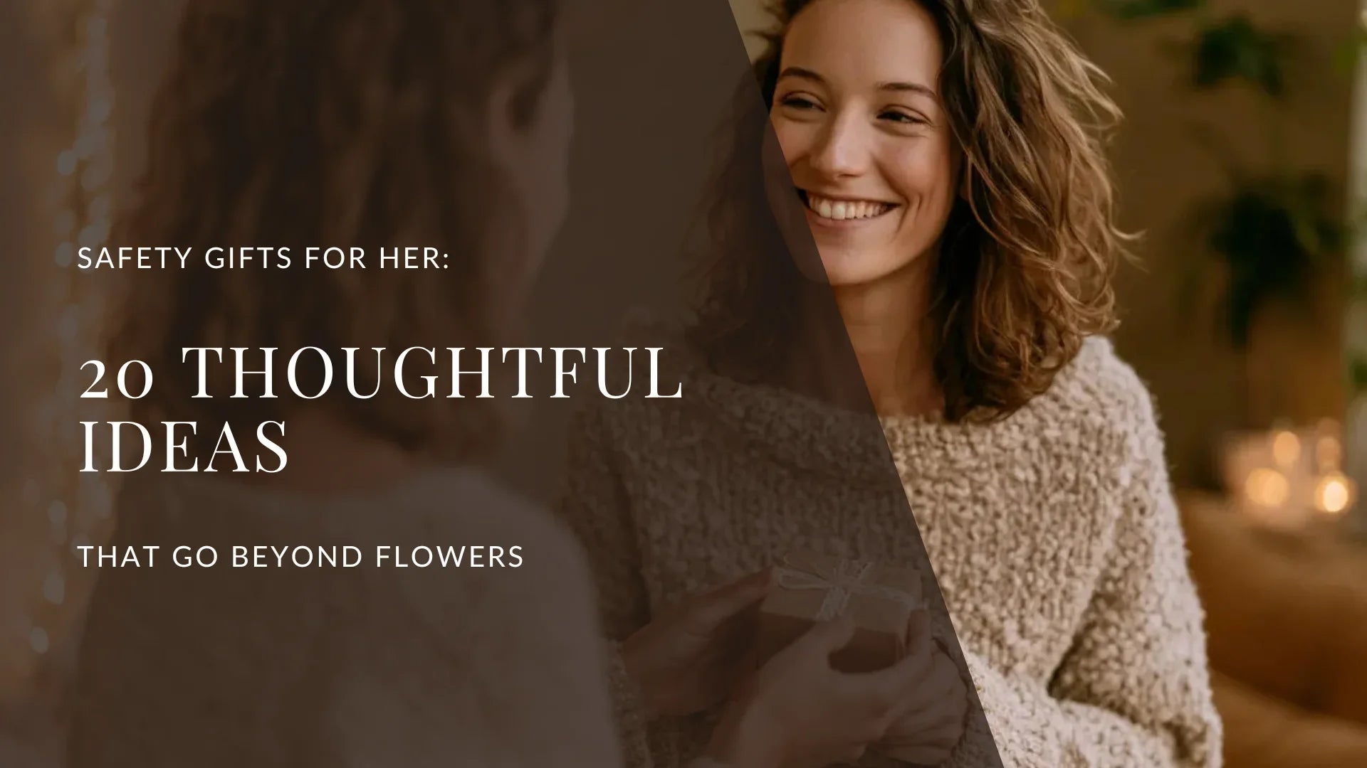 Woman handing a wrapped gift to her sister in a warm living room, representing thoughtful safety gift ideas for women