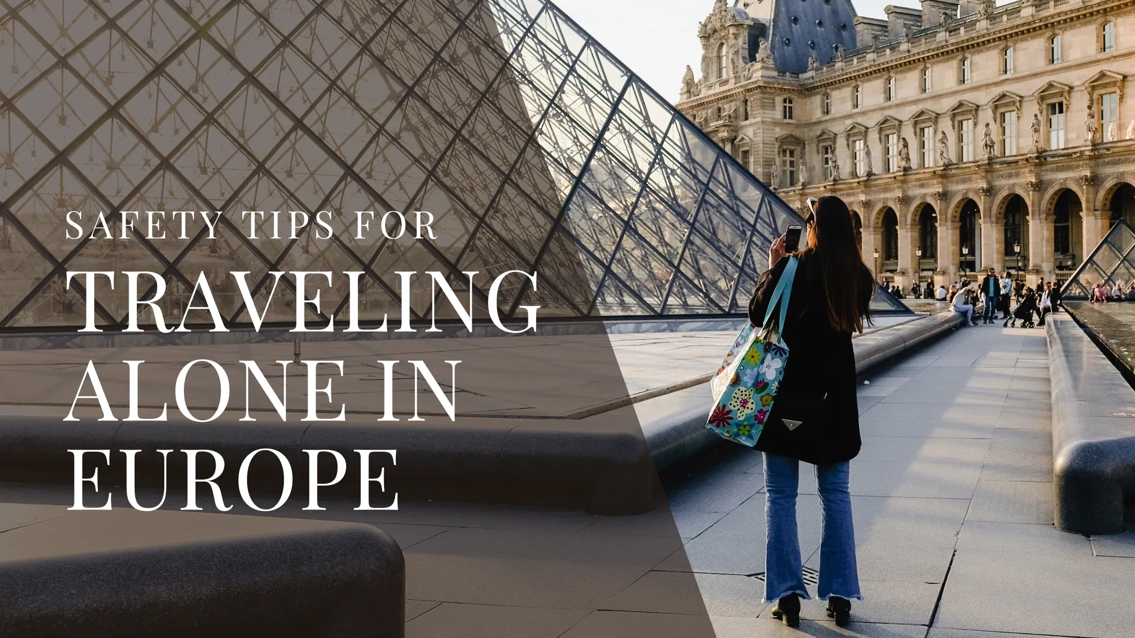 A woman traveling alone photographs the Louvre Pyramid in Paris on a sunny day, standing near the glass structure with the historic museum building in the background.