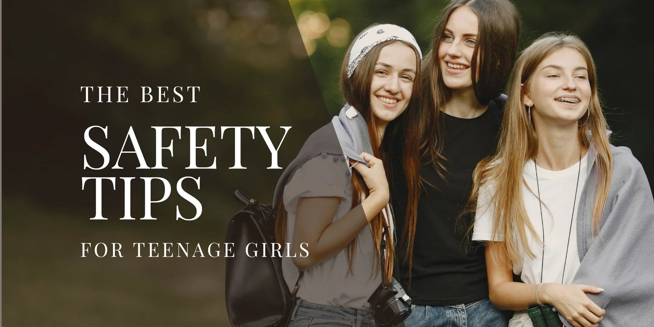 Three teenage girls stand outdoors smiling and posing together, dressed casually with backpacks and cameras, surrounded by soft natural greenery.
