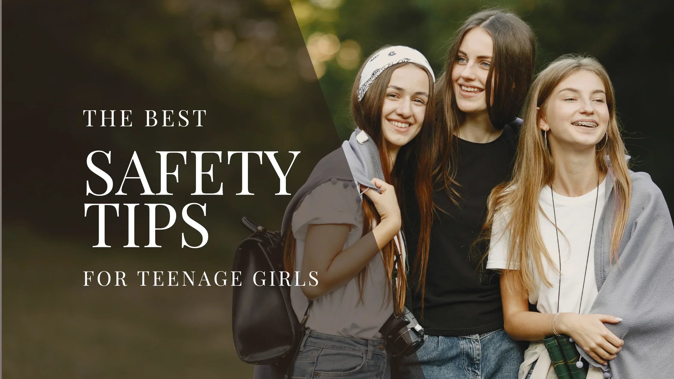 Three teenage girls stand outdoors smiling and posing together, dressed casually with backpacks and cameras, surrounded by soft natural greenery.