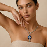 Mahi Safety Necklace - Silver on Blue, Paperclip Chain - V2 with Fall Detection