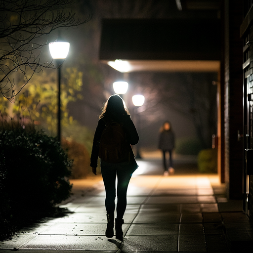 Woman walking alone at night on illuminated street - highlighting the need for ResQ personal safety devices and wearable protection jewelry