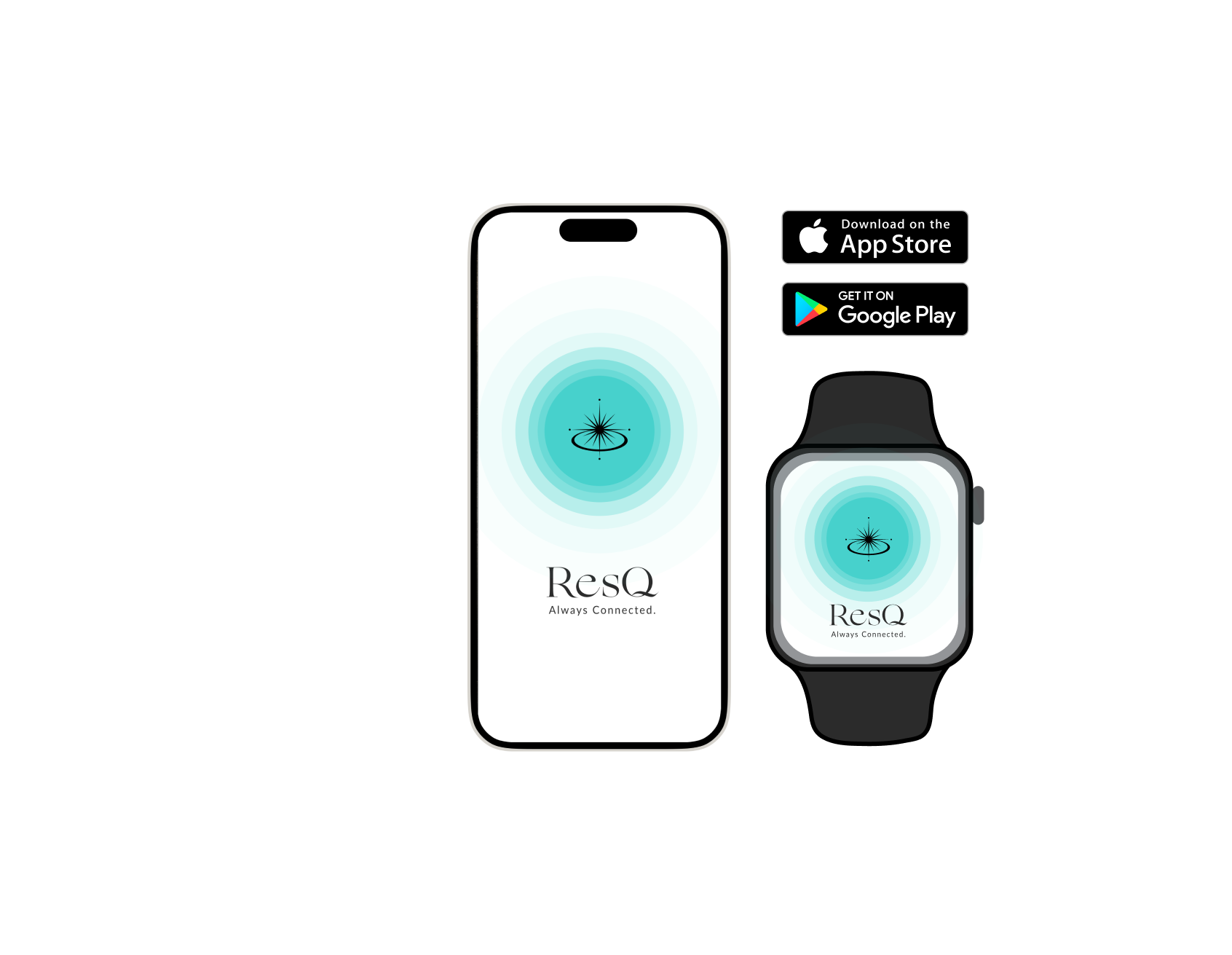 ResQ safety app displayed on smartphone and smartwatch with download options from App Store and Google Play.